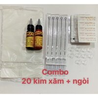 Combo 20 kim xăm + ngòi + 2 mực xăm + 2 da tập xăm