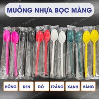 [COMBO 2000] muỗng nhựa dùng 1 lần bọc màng, thìa nhựa cao cấp dùng 1 lần dài 15cm, muỗng cơm có sẵn 7 màu