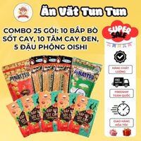 Combo 25 gói ăn vặt cổng trường: 10 bắp bò sốt cay, 10 tăm cay đen, 5 đậu phộng oishi - Ăn Vặt Tun Tun