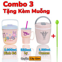 Combo 3 - 1 Gào Mên Dỡ Cơm 1500ml Kèm Muỗng + 1 Bình Đá 1 Lít và 1 Ly 550ml Có 4 Màu Để Lựa Chọn