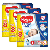 Combo 3 Bỉm tã dán sơ sinh Huggies Dry size S 88 miếng (4-8kg) (Sản phẩm được giao với bao bì ngẫu nhiên)