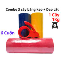 Combo 3 cây băng keo màu OPP kèm dao cắt băng keo, 100yard, rộng 4,7cm, lõi giấy 3mm, mỗi cây 6 cuộn - Tân An An