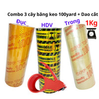 Combo 3 cây băng keo trong, đục, hàng dễ vỡ loại 100yard/1kg/6 cuộn, rộng 4.7cm, lõi 5mm, Tặng dao cắt băng keo - Tân An