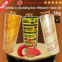 Combo 3 cây băng keo trong, đục, hàng dễ vỡ loại 100yard/1kg/6 cuộn, rộng 4.7cm, lõi 5mm, Tặng dao cắt băng keo - STBK