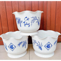 COMBO 3 CHẬU NHỰA TRỒNG CÂY SIÊU DÀY THAKICO Chậu Miệng Bèo Trắng In Hoa Văn Như Ý Cát Tường size 36x25