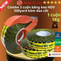 Combo 3 cuộn băng keo hàng dễ vỡ 500yard kèm dao cắt, 1 cuộn nặng 1kg, rộng 4.7cm, lõi giấy 5mm