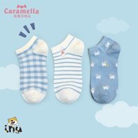 Combo 3 Đôi Tất Vớ Nữ Cổ Ngắn CARAMELLA Sọc Trắng Xanh Dương Thêu Hình Chú Chó Cute - Kèm Túi Zip Của Hãng