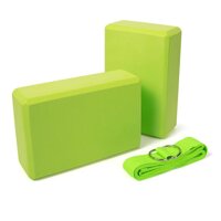 Combo 3 Dụng Cụ Hỗ Trợ Tập Yoga - 2 Gạch Tập Yoga Trơn, Không Họa Tiết  1 Dây Đai Tập Yoga Sợi Cotton - COMBO XANH LÁ