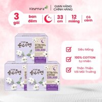 Combo 3 gói BVS cao cấp Hàn Quốc siêu thấm bảo vệ da nhạy cảm ban đêm 33cm/12pcs Kleannara Organic