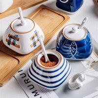 Combo 3 Lọ Đựng Gia Vị Gốm Sứ, Hũ Đựng Gia Vị Có Thìa Cao Cấp Decor Trang Trí Phòng Bếp 300ml