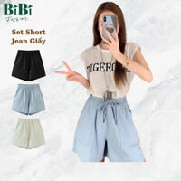 Combo 3 quần short đùi Jean giấy dáng ngắn lưng chun, Quần sooc  bò giấy cạp chun thắt nơ 3 màu đen xanh trắng – BiBi