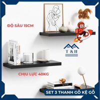 Combo 3 Thanh Kệ Gỗ Treo Tường, Kệ Gỗ Thanh Ngang, Kết Cấu Giấu Chân,  âm tường, Gỗ Lõi Xanh dày 18mm, sâu 15 cm
