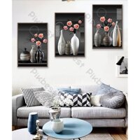 Combo 3 tranh dán tường 3d, bình hoa tĩnh lặng trang trí phòng khách phòng ngủ hiện đại (tích hợp sẵn keo) MS942396