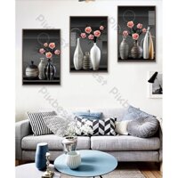 Combo 3 tranh dán tường 3d, bình hoa tĩnh lặng trang trí phòng khách phòng ngủ hiện đại (tích hợp sẵn keo) MS942396