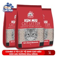 Combo 3 túi Cát vệ sinh cho mèo Kún Miu hương hoa hồng 5L chất liệu bentonite thấm hút và khử mùi hiệu quả