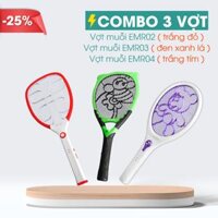 Combo 3 Vợt muỗi Điện Quang ĐQ EMR02 WR ( Trắng – đỏ ), EMR03 BLG ( Đen – xanh lá ) và EMR04 WP ( Trắng – tím )