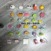 Combo 30 squishy đủ cỡ: panda, cá, rùa... Tặng 15 túi đựng, 15 móc khoen khoá