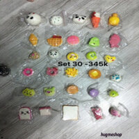 Combo 30 squishy đủ cỡ: panda, cá, rùa... Tặng 15 túi đựng, 15 móc khoen khoá