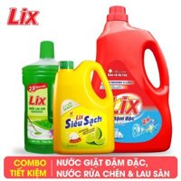 COMBO 36 - Nước giặt LIX hương hoa 2kg + Nước rửa chén LIX siêu sạch chanh 1.4kg + Nước lau sàn LIX hương nắng hạ 1 lít