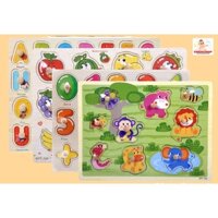 Combo 4 Bảng Núm Gỗ Chủ Đề Chữ Cái, Động Vật, Các Loại Quả, Số 0-9 Kèm Phép Tính Kích Thước 23x30cm