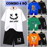 COMBO 4 Bộ quần áo bé trai size đại 17-40kg. Bộ đồ cho bé trai 5-14 tuổi (Mặt Cười_Gấu_Ly Cafe_Nón Vàng)