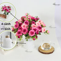Combo 4 cành hoa Hồng Tỉ Muội kèm bình (nhựa cứng), cành cao 30cm hoa giả trang trí nhà cửa decor