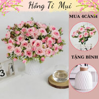 Combo 4 cành hoa Hồng Tỉ Muội kèm bình (nhựa cứng), hoa giả cành cao 30cm nhiều bông decor trang trí nhà cửa