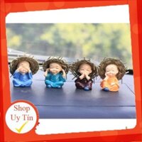 Combo 4 chú tiểu đội nón rơm siêu đáng yêu, chất liệu đá cứng, chịu va đập tốt, thích hợp trang trí xe hơi