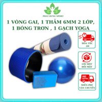Combo 4 dụng cụ tập Yoga:1 thảm 2 lớp 6mm +1 gạch 240gr in hoa văn +1 bóng trơn+1 vòng trơn
