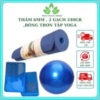 Combo 4 dụng cụ tập Yoga:thảm 2 lớp 6mm + bóng gai (tặng kèm dụng cụ bơm ) +2 gạch 240gr hoa văn