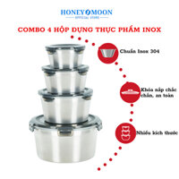 Combo 4 Hộp đựng thực phẩm tròn Inox 304 Honey - Nắp có khóa chống tràn