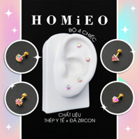 Combo 4 Khuyên Tai Thép Y Tế Không Đen Gỉ Đính Đá Hình Học Màu Hologram HOMiEO
