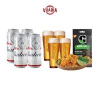 Combo 4 Lon Budweiser 500ml + 4 Ly Thủy Tinh Budweiser 330ml + Khô Gà Lá Chanh G 22g - QUÀ TẶNG KHÔNG BÁN