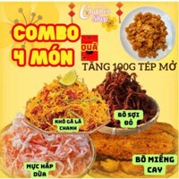 COMBO 4 MÓN 100g+ TẶNG 1 Tép Mở 100G - KHÔ BÒ MIẾN- KHÔ GÀ LÁ CHANH-BÒ SỢI ĐỎ MỰC HẤP NƯỚC DỪA 100g -