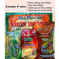 COMBO 4 MÓN gồm 1 bánh phồng sữa 400gr, 1 hộp kẹo dừa vị dứa 400gr, 1 bánh pía có trứng 500gr, 1 bánh pía kh trứng 300gr