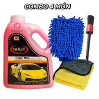 Combo 4 Món Nước Rửa Xe Bọt Tuyết Pallas 1.5 Lít Hương Dâu, Khăn Lau, Bao Tay, Cọ, Rửa Xe Siêu Bóng