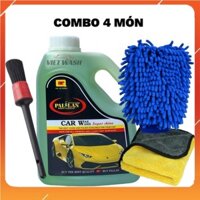 Combo 4 Món Nước Rửa Xe Siêu Bóng Pallas 1.5 Lít Hương Táo, Bao Tay, Khăn Lau, Cọ