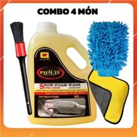 Combo 4 Món Nước Rửa Xe Siêu Bóng Pallas 1.5 Lít Hương Chanh, Bao Tay, Khăn Lau, Cọ