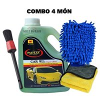 Combo 4 Món Nước Rửa Xe Siêu Bóng Pallas 1.5 Lít Hương Táo, Bao Tay, Khăn Lau, Cọ