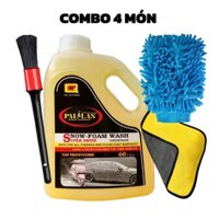 Combo 4 Món Nước Rửa Xe Siêu Bóng Pallas 1.5 Lít Hương Chanh, Bao Tay, Khăn Lau, Cọ