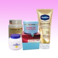 COMBO 4 MÓN Trắng cấp tốc. Kem body bạch ngọc liên + vaseline x10 +abutine +dưỡng vitamin e