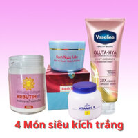 COMBO 4 MÓN Trắng cấp tốc. Kem body bạch ngọc liên + vaseline x10 +abutine +dưỡng vitamin e