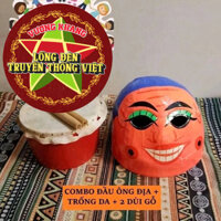 [Combo 4 món]Đầu Ông Địa + Trống da bò Size Nhỏ cho bé từ 2 tuổi đến 8 tuổi - Bộ Đầu Địa và Trống đánh múa lân cho bé