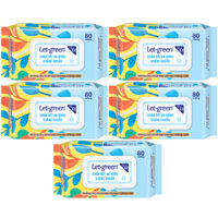 Combo 5 Bao Khăn Giấy Ướt Kháng Khuẩn Khử Mùi Let-green, 80 miếng/bao
