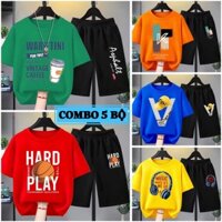 COMBO 5 Bộ quần áo bé trai size đại 17-40kg. Bộ đồ cho bé trai 5-14 tuổi (LyCafe_QuảBanh_Taiphone_NónVàng_ChữK)