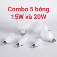 Combo 5 bóng Đèn Led 15W và 20W bóng LED Bulb Trụ ánh sáng trắng ,siêu bền, tiết kiệm điện, công suất thực tế