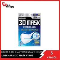 Combo 5 gói Khẩu trang ngăn vi khuẩn Unicharm 3D Mask Virus Block 5 cái/gói