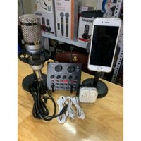 Combo 5 món Bộ mic hát thu âm livestream soundcard V8 và mic Bm900 có dây kèm tai nghe giá đỡ mic và giá đỡ điện thoại