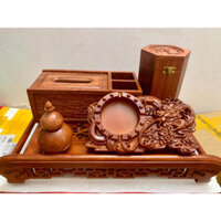 Combo 5 món khay trà cuốn thư,Đồ gỗ cao cấp hộp 3 ngăn đựng giấy an,hộp đựng chè khô,gạt tàn,lọ tăm chất lượng gỗ hương