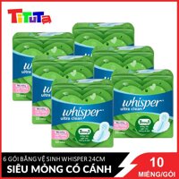 Combo 6 Băng Vệ Sinh Whisper Ultra Clean Siêu Mỏng Có Cánh Ngày Vừa 24cm Gói 10 Miếng